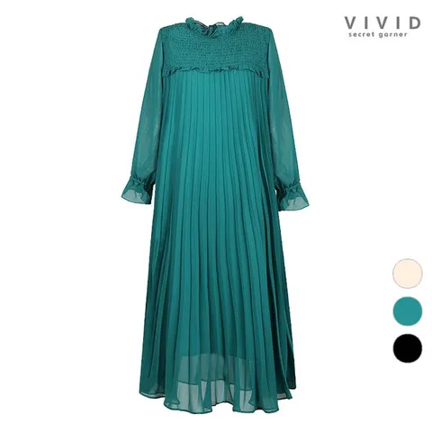 [하프클럽/비비드시크릿가너]VIVID 스모크장식 플리츠 루즈핏 쉬폰 원피스