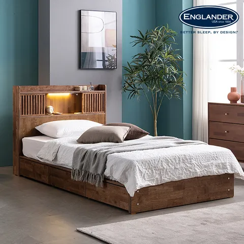 클림트 월넛 슬라이딩 LED 원목 수납 침대 매트제외-SS