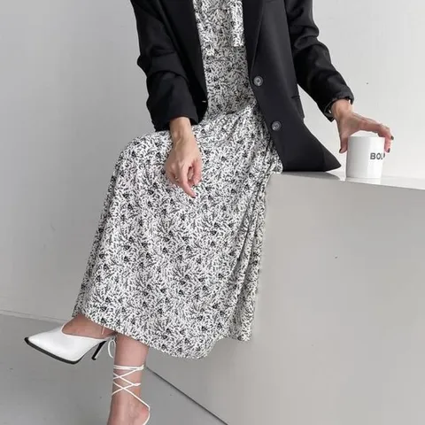 [하프클럽/옷자락]여자 지오매트릭 빅카라 셔링 긴팔 빅사이즈 원피스