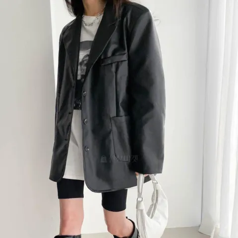 [옷자락] 여자 오버핏 레더 블레이저 테일러드 카라 가죽 자켓