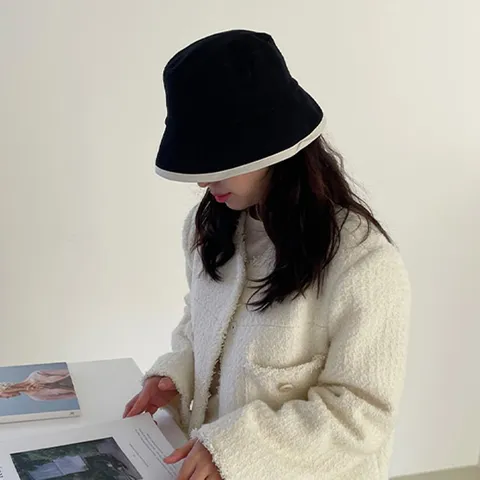 라인 벙거지 여성 코튼 챙 모자 벙거지 버킷햇