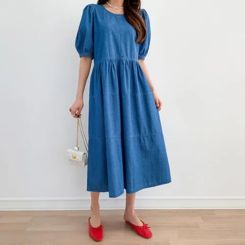 [하프클럽/옷자락]여자 퍼프 반팔 라운드넥 루즈핏 롱원피스