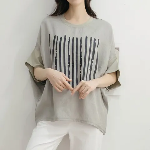 [하프클럽/드리다]엄마옷 드리다 미시 여성 여름 린넨 루즈핏 가오리 박스 5부 반팔 티셔츠 40-50대 중년여성 베이지 카멜 카키