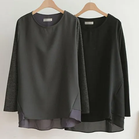 배색 절개 쉬폰 블라우스 202B130S 빅사이즈 여성