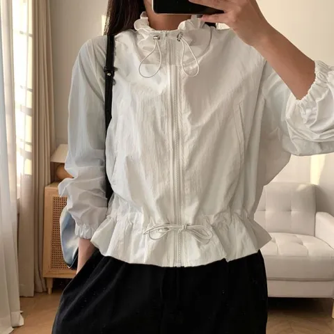 [하프클럽/옷자락]여자 하이넥 허리 스트링 아노락 크롭 무지 집업 점퍼