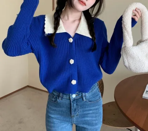 [브리치]  / 레이스카라넥 크롭 꽃단추 니트 티셔츠 가디건