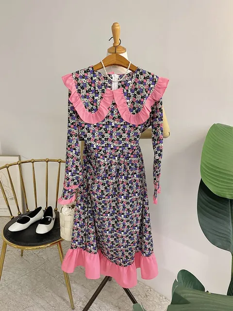 [브리치] 허니제이 / 라부트 미니꽃 배색 빅카라 롱 원피스(3color)