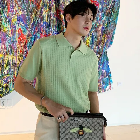 [하프클럽/게리오]통기성좋아 시원한 와플패턴 반팔카라 니트 티셔츠