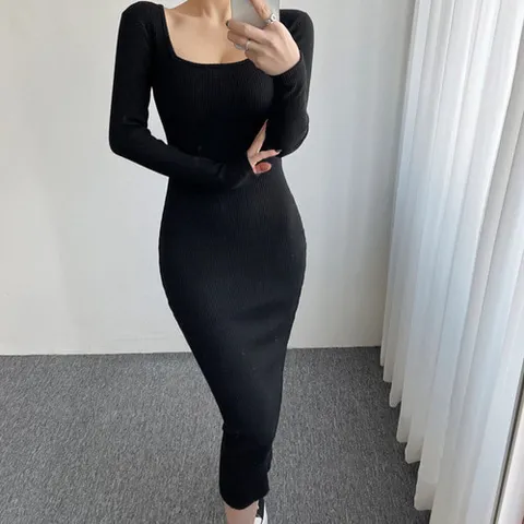[브리치]  / 스퀘어넥 타이트핏 골지 면 스판 뒷트임 롱원피스 4컬