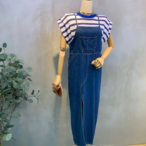 [브리치]  / 얌 데님 멜빵 오버롤 슬릿 원피스