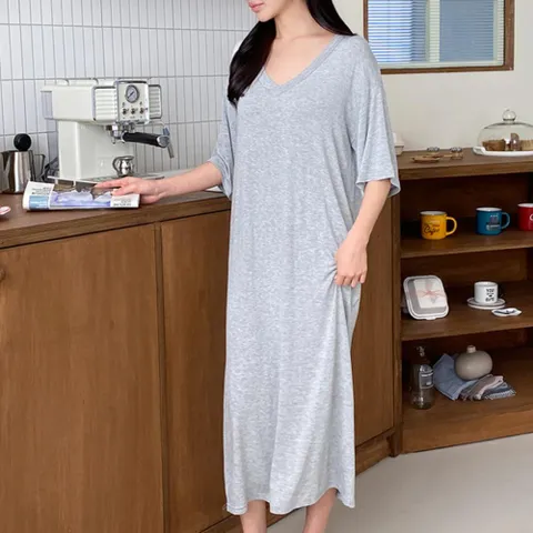 [다잇템] 여자 반소매 소프트핏 V넥 H라인 편한 롱원피스