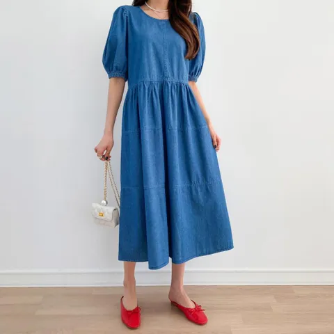 [옷자락] 여자 퍼프 반팔 라운드넥 루즈핏 롱원피스