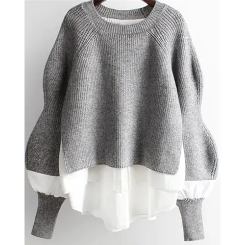 [하프클럽/디애이치]볼륨밍 퍼프 배색 니트 셔츠