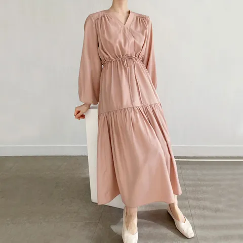 [브리치]  / 샌디 파스텔 봄 쉬폰 셔링 플레어 롱 원피스