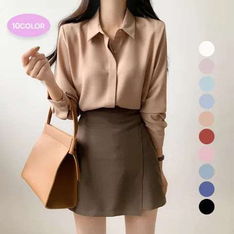 [브리치]  / 봄가을 링클프리 히든버튼 긴팔 블라우스 실키 10컬러/2사이즈