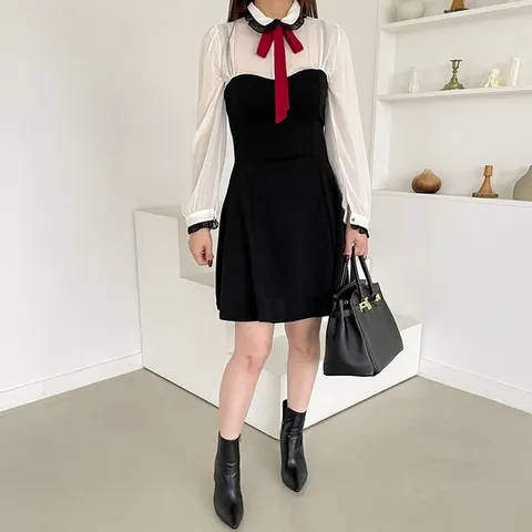 [하프클럽/쮸샵 ]리본 포인트 플레어 원피스