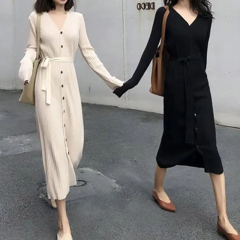 [하프클럽/모노위크]자모라 슬림핏 롱니트원피스 단추 허리끈