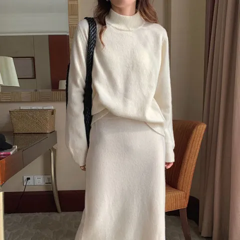 [브리치]  / 루즈한 터틀넥 니트 하이웨스트 롱 스커트 투피스