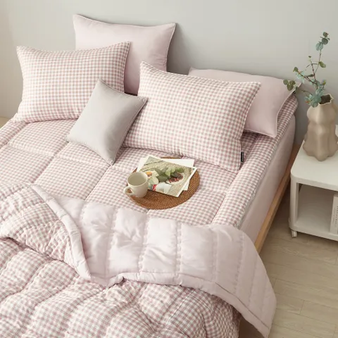 [자자홈]체크 쎄미마이크로 간절기누빔이불토퍼베개세트Q