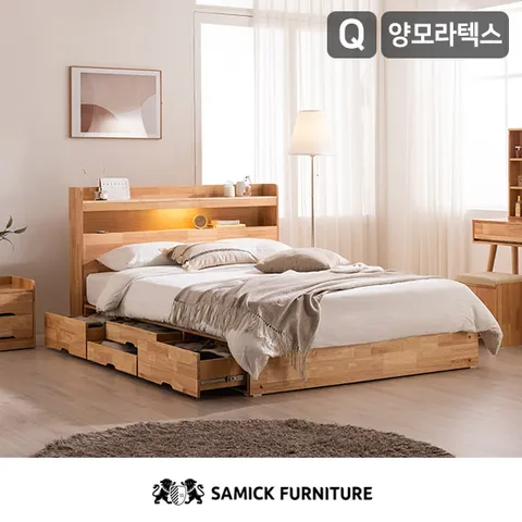 태리 LED 4단 수납 원목 침대(양모 라텍스 7존 독립스프링 매트리스-퀸)