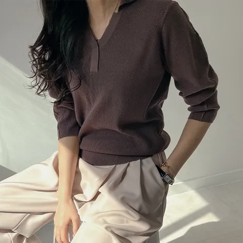 [하프클럽/어반프랑]듀엘 카라 골지 비스코스 브이넥 7부 니트