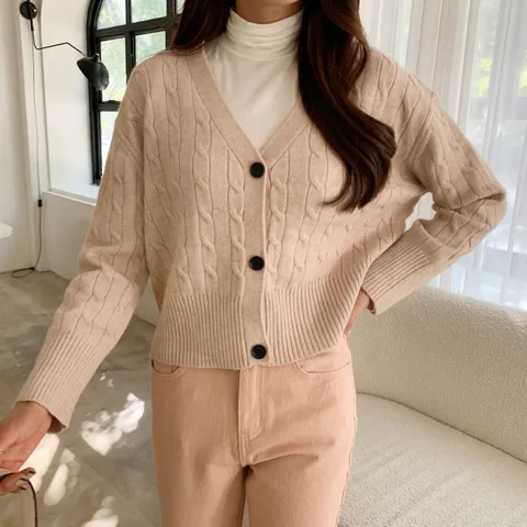 [브리치] oshu / 여성 데일리 센스만점 V넥 꽈배기 세미 크롭 가디건