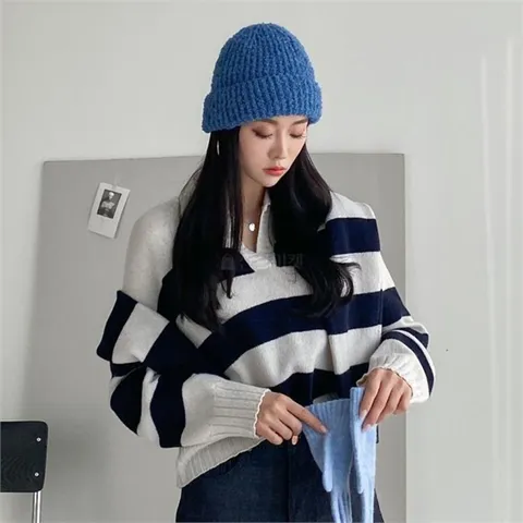 여자 카라넥 스트라이프 울니트 티셔츠