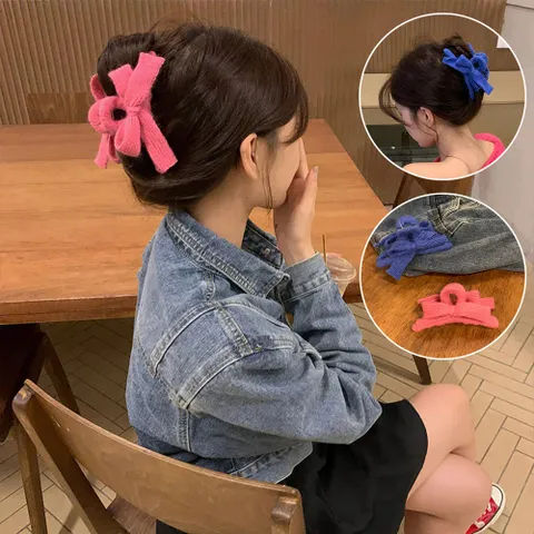 심플 컬러 왕리본 니트 겨울 빅 헤어 집게핀 올림머리