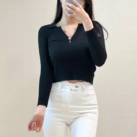 스키니어 브이넥 카라 골지 긴팔 티셔츠