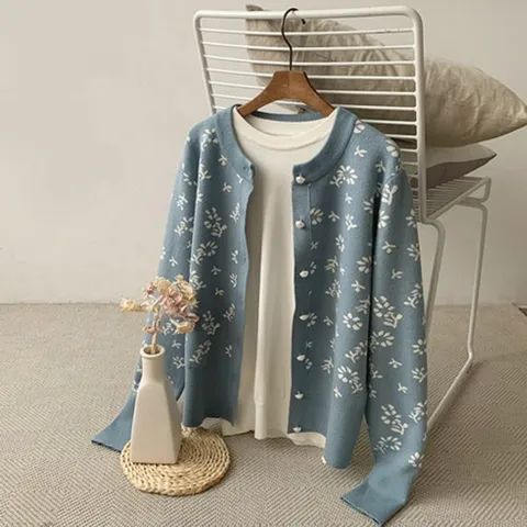 여자 겨울 진주 버튼 꽃무늬 숏 직장인 가디건