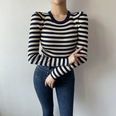 [브리치] 글램핏 / 어깨 퍼프 숄더 단가라 줄무늬 무지 라운드넥 니트 4