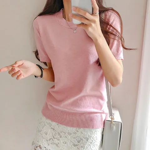 [브리치]  / NK189 베이직 단색 라운드넥 반팔 니트티