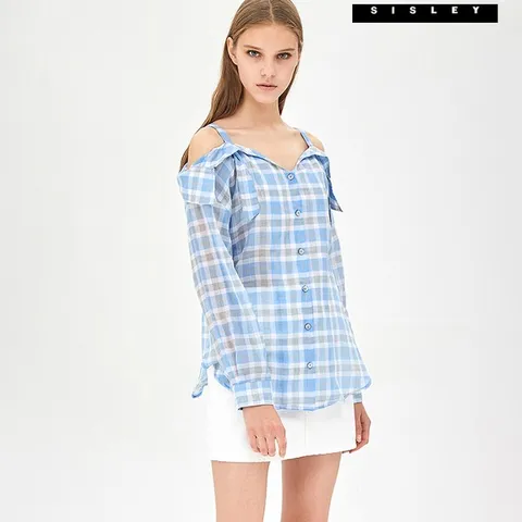[하프클럽/시슬리]시슬리 체크 카라 오프숄더 블라우스 SAWS67931-BL