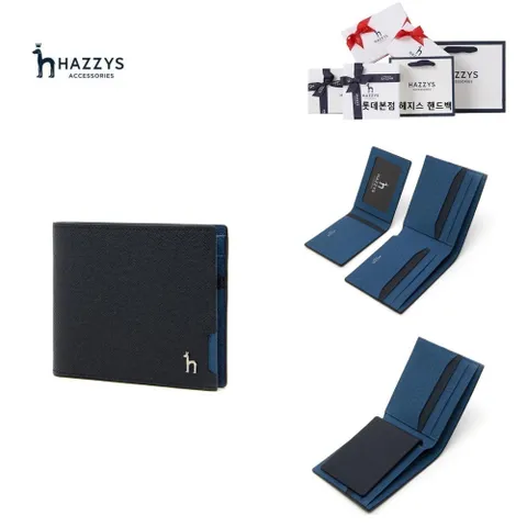 [선물포장][남성지갑추천]네이비 퍼피로고 배색 포인트 반지갑 HJWA3E381N3