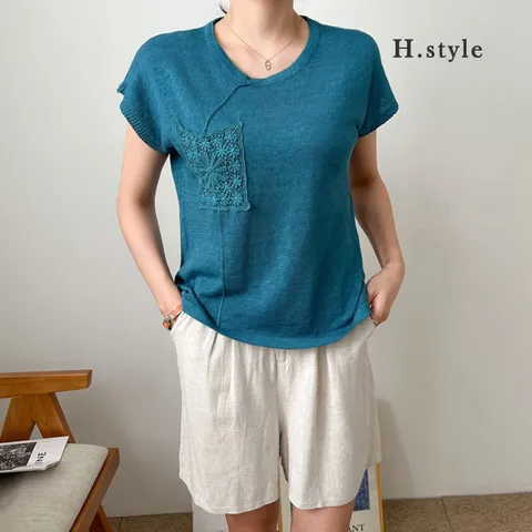 H스타일JB린넨스쿼드니트티/여름/반팔/니트티셔츠/가디건/베스트/라운드/브이넥/조끼