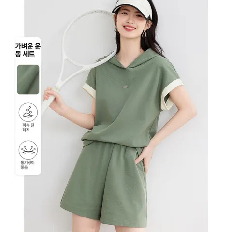 [브리치] 제로투올샵2 / 여성 여름 신상 루즈핏 배색 후드 반바지 세트 그린 S