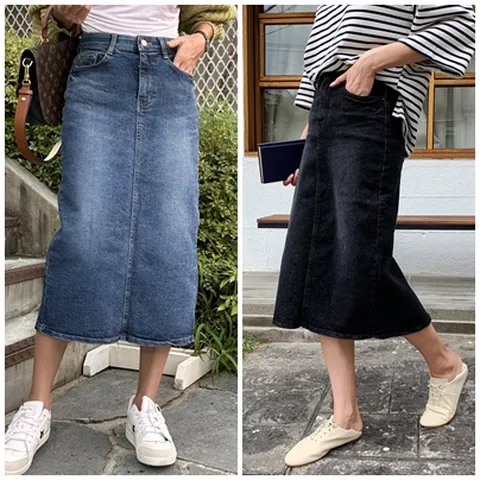 여성 기모 스판 뒷트임 데님 롱스커트 핏이 예쁜 청치마