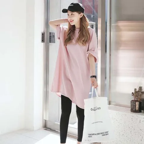 여성 캐주얼 원피스 파스텔 루즈핏 반팔 롱 티셔츠