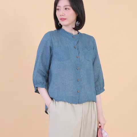 애비뉴투지 엄마옷 린넨 아마 모시 라운드 헨리넥 시스루 남방 여성 여름 칠부 블라우스 B08346 50대 60대