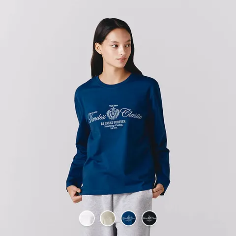 [지오다노] 394502 여 코튼 저지 크루넥 긴팔 자수 티셔츠