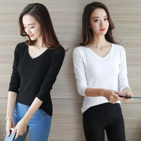 [다잇템] 여자 민무늬 투컬러 V넥 베이직 티셔츠
