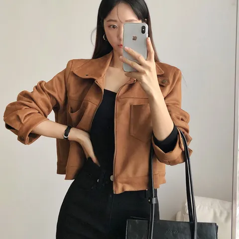 바우스카 하이넥 버튼 블루종 스웨이드 집업 숏 자켓