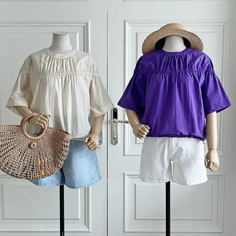 [하프클럽/옷자락]여자 여름 바캉스 여행룩 셔링 퍼프 벌룬 블라우스