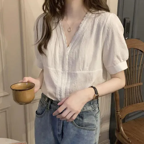 화이트 브이넥 레이스 면 반팔 블라우스 여름 시원한 여자블라우스 여성블라우스 예쁜블라우스