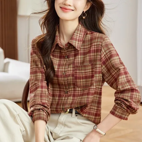 [브리치] 제로투올샵 / 복고풍 두꺼운 체크 셔츠 여성 체크무늬 캐주얼 레드 체크