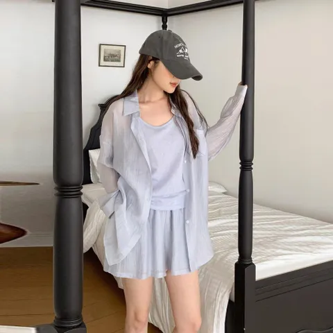 [신상오픈런] 여성 여름 시스루 루즈핏 셔츠 나시와 3종 세트