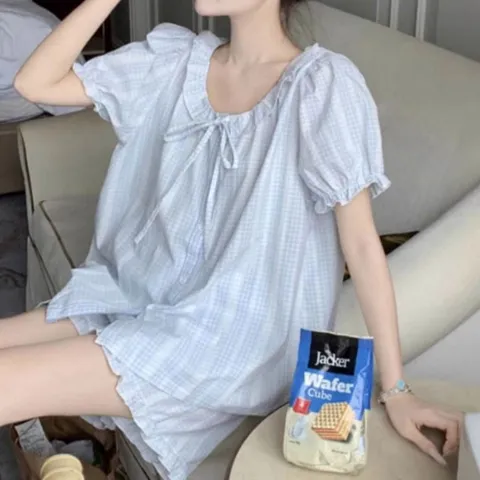 여성 체크 프릴 러블리무드 하늘빛 반팔 파자마 세트 여자잠옷 파자마 반팔잠옷 여름잠옷