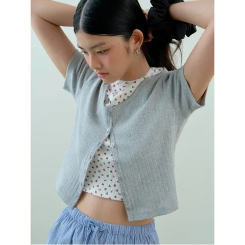 솔리드 포인텔 반소매 카디건  그레이