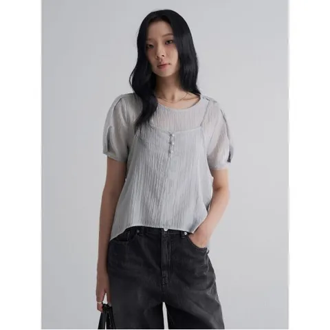 텍스처 반소매 블라우스  블랙