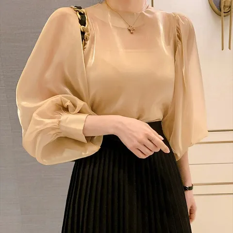 [하프클럽]  6267 오간자 새틴 시스루 펄 퍼프 벌룬 나시 세트 여성 블라우스 여성의류